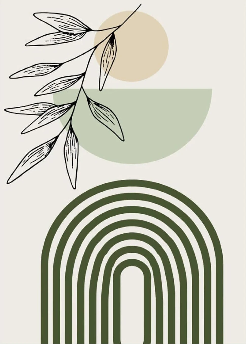 Plakat boho szałwiowa zieleń rośliny i geometria Niebieski