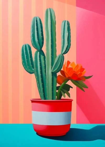 Plakat botaniczny - kaktus i kwiaty w akwareli Wzór 7