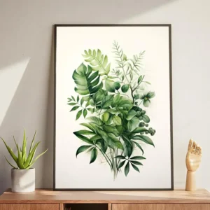 Liście szałwiowej zieleni - plakat botaniczny Szary