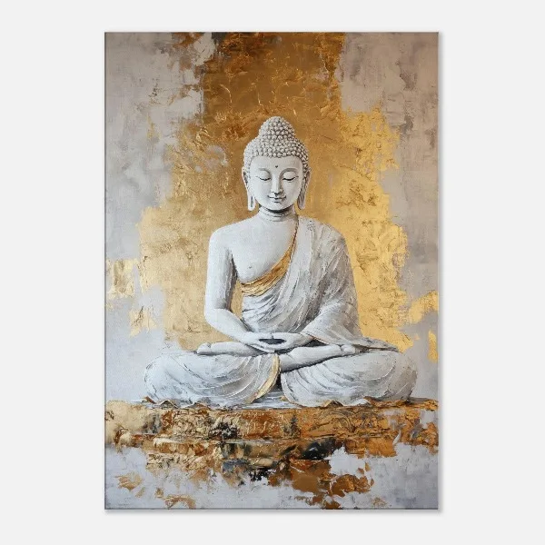 Plakat Budda Biało-Złoty Minimalizm Zen Jasnoszary