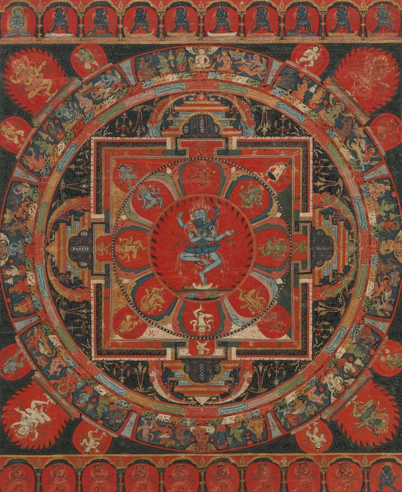 Budda i Mandala - plakat Thangka vintage Ciemny szary