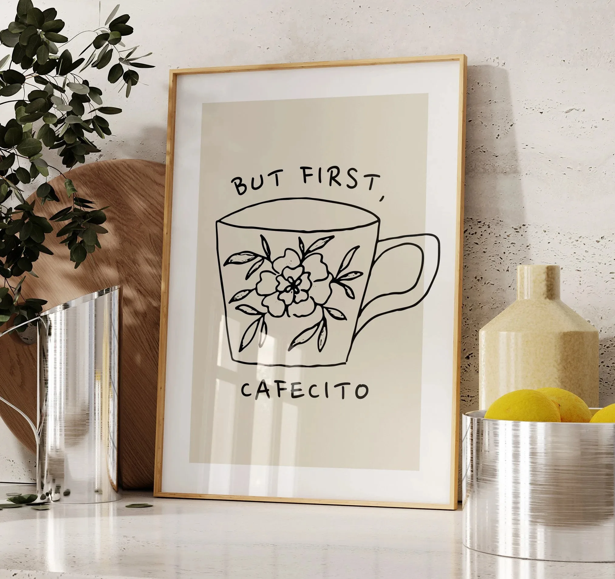 But First Cafecito - minimalistyczny plakat z napisem do kuchni Wzór 6