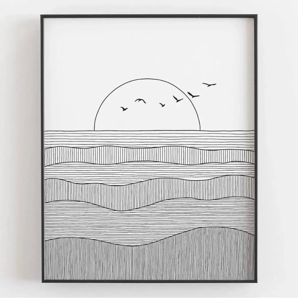 Plakat coastal z morskimi falami, ptakami i rybami Ciemny szary