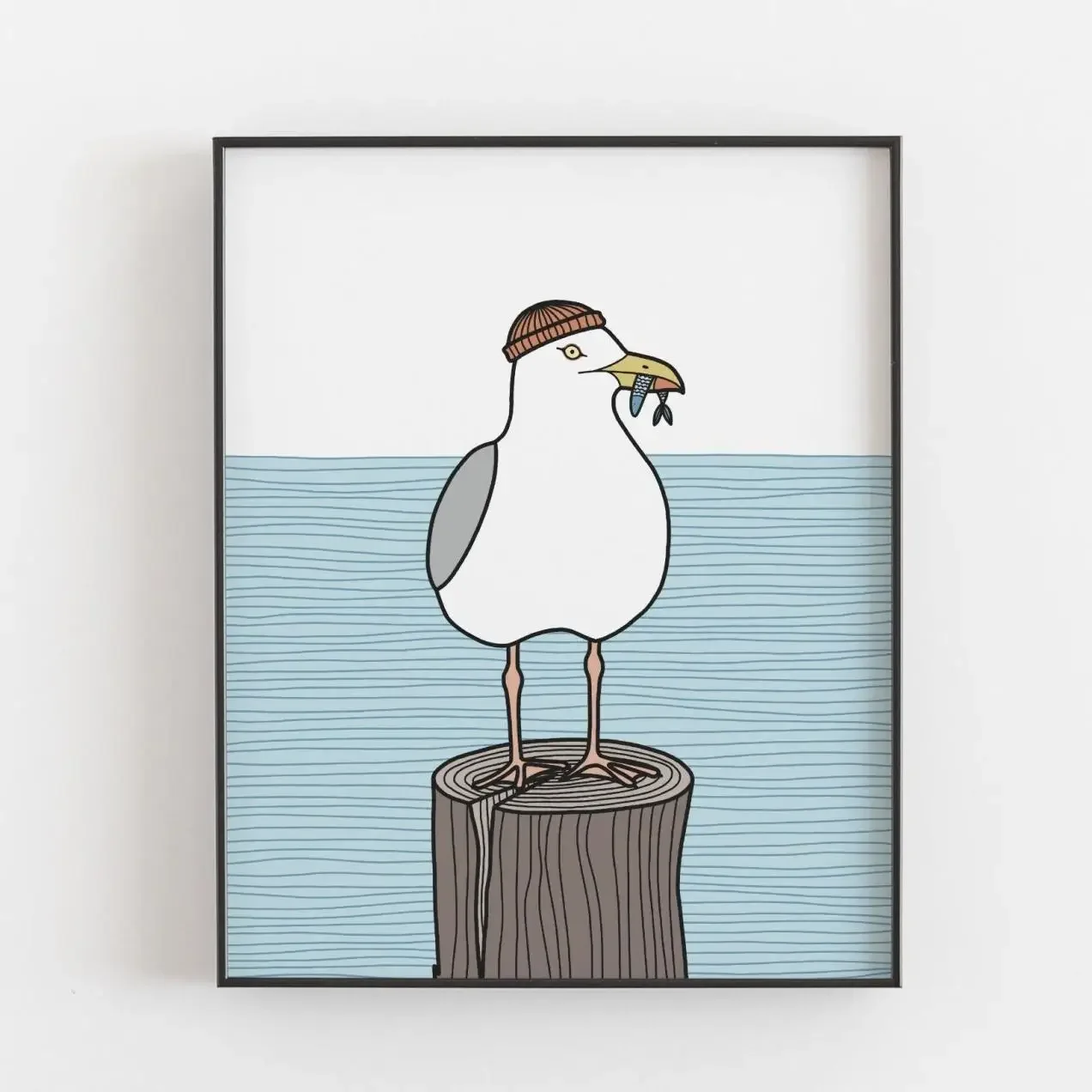 Plakat coastal z morskimi falami, ptakami i rybami Jasny