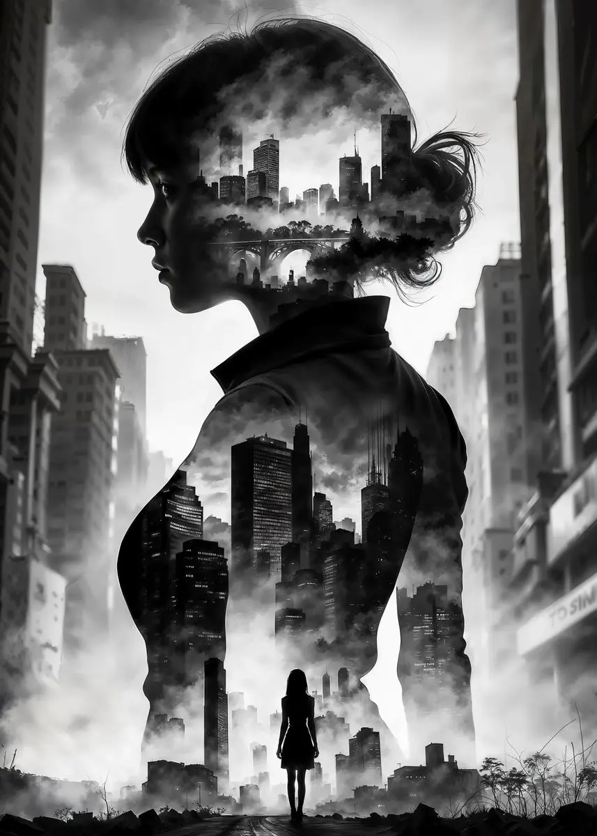 Plakat cyberpunk - kobieta i miasto w neonowym klimacie Biały