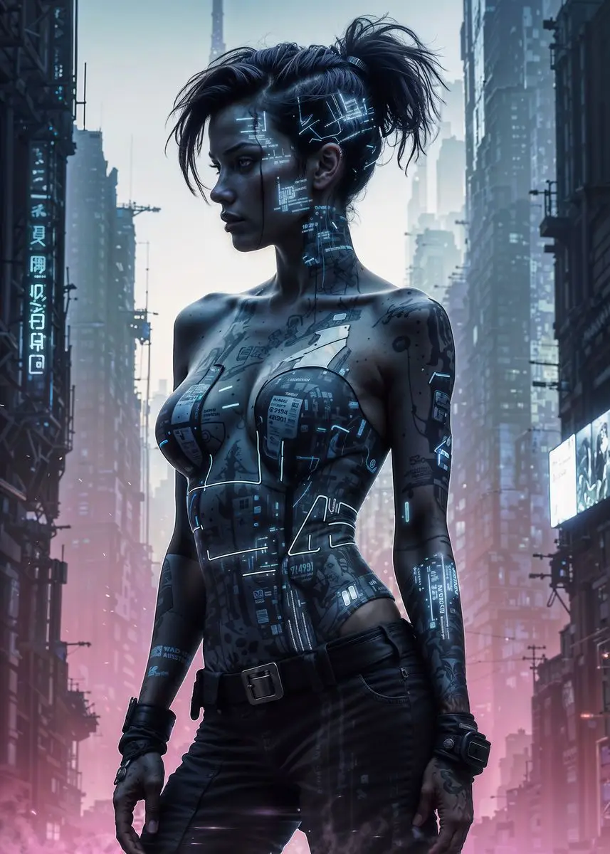 Plakat cyberpunk - kobieta i miasto w neonowym klimacie Burgundia
