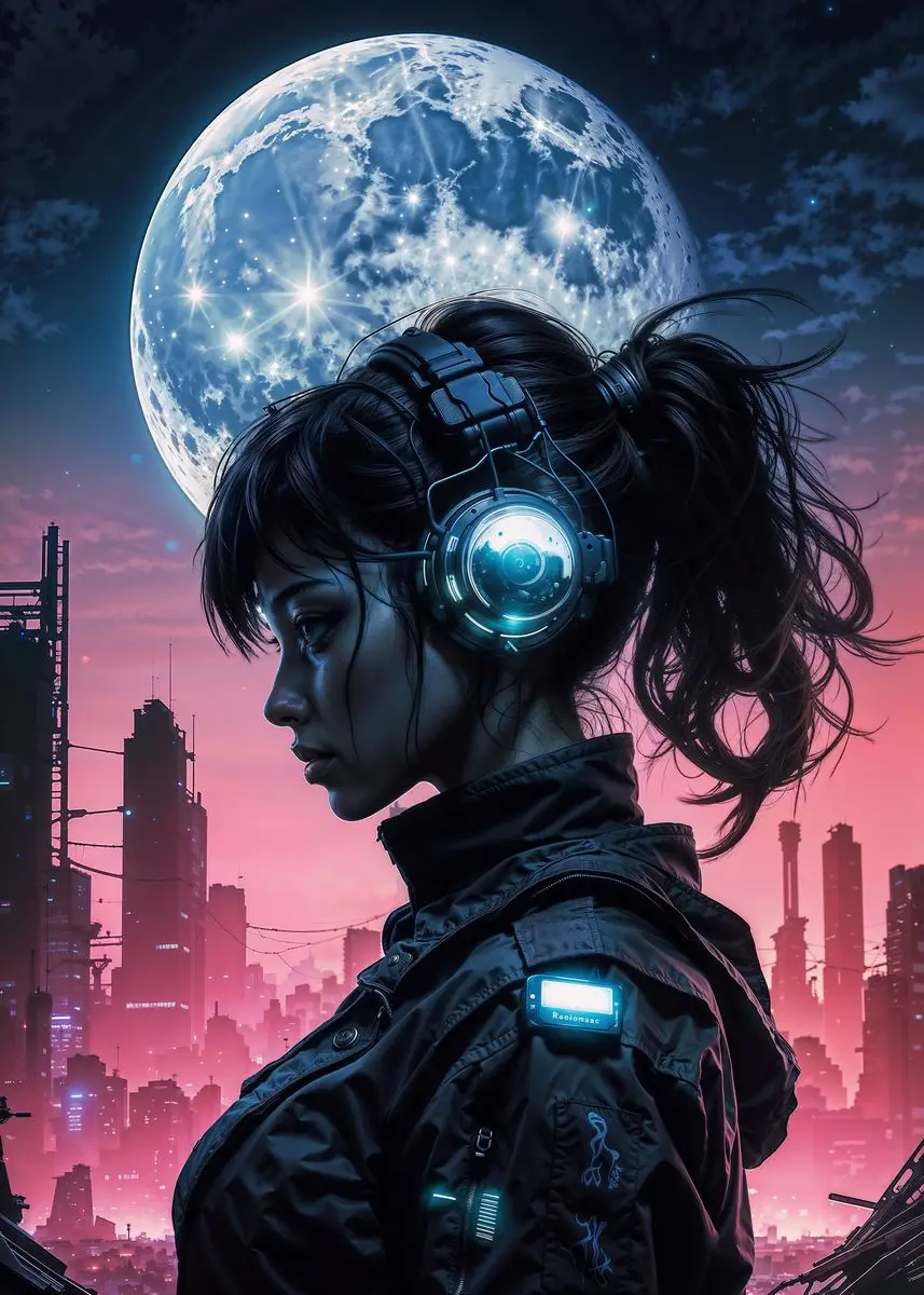 Plakat cyberpunk - kobieta i miasto w neonowym klimacie Czarny