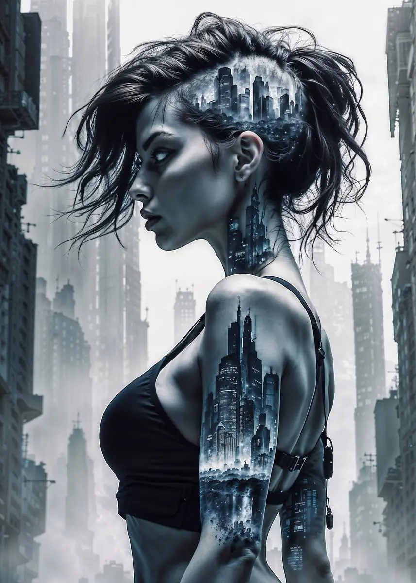 Plakat cyberpunk - kobieta i miasto w neonowym klimacie Jasnozielony