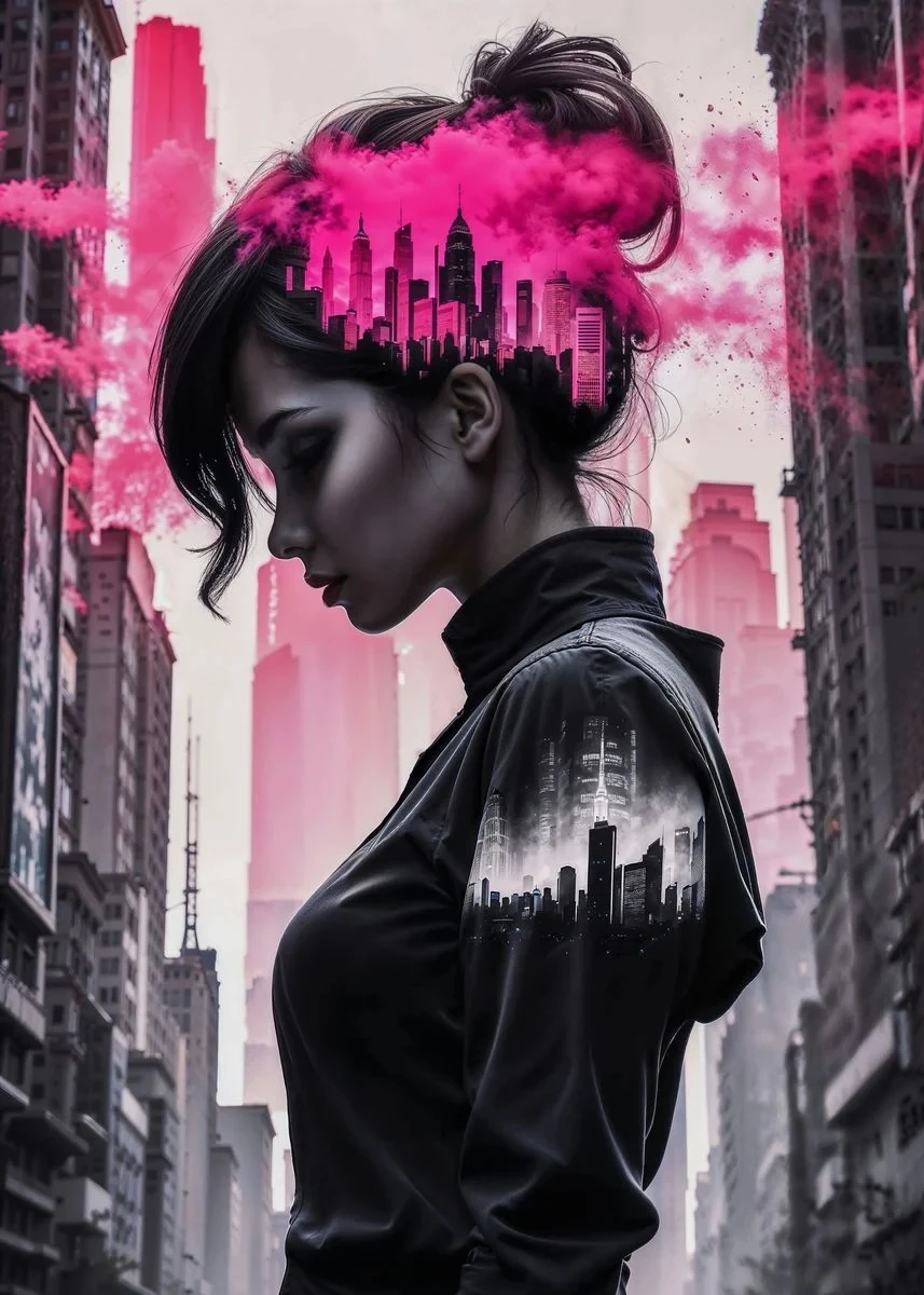 Plakat cyberpunk - kobieta i miasto w neonowym klimacie Niebieski