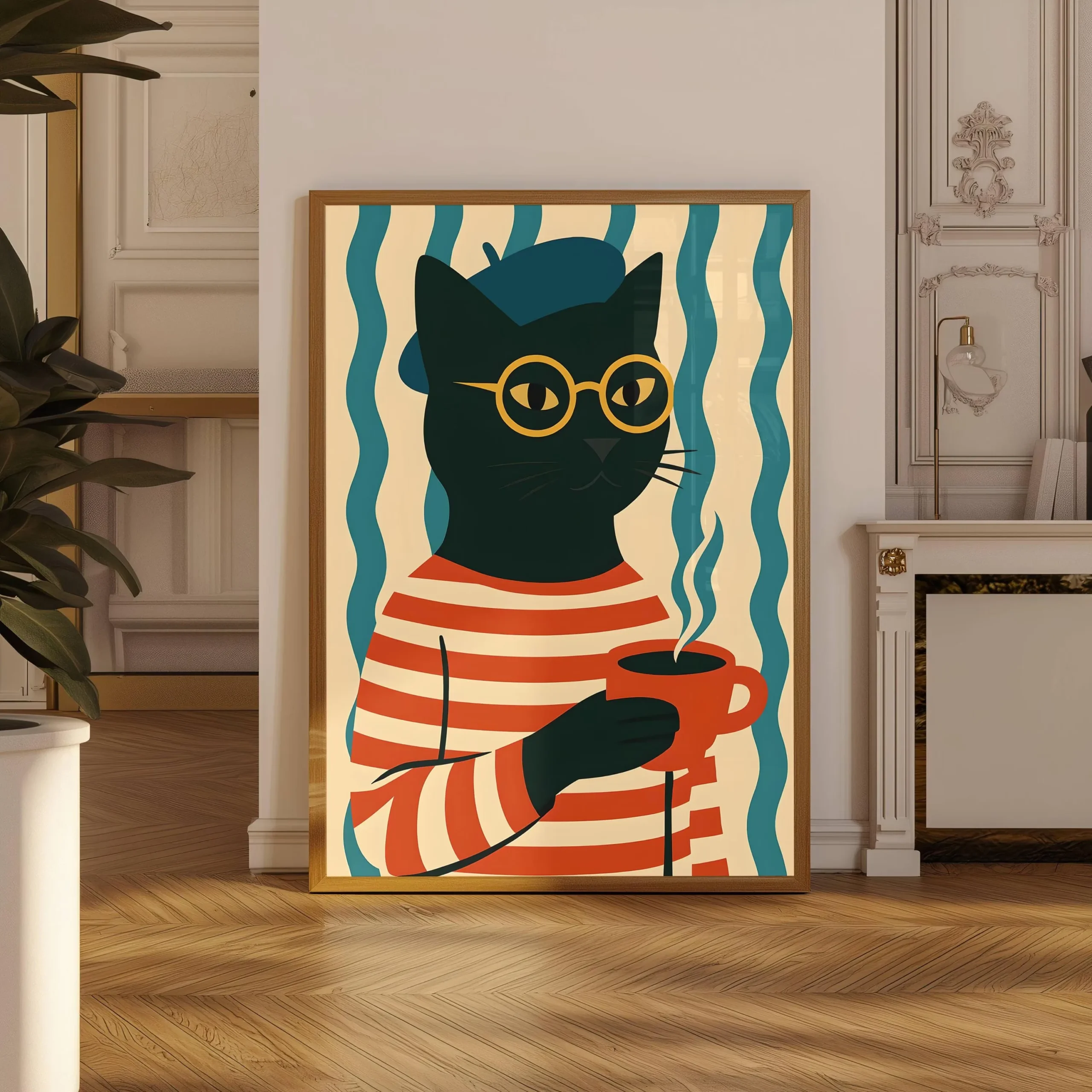 Plakat czarny kot Bonjour Mon Amour Kolba