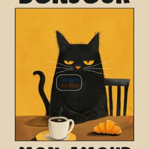 Czarny kot Bonjour - plakat do kuchni w stylu francuskim Biały