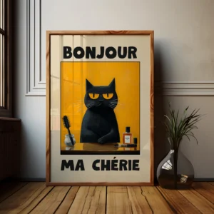 Plakat Bonjour Mon Amour z czarnym kotem Wzór 1