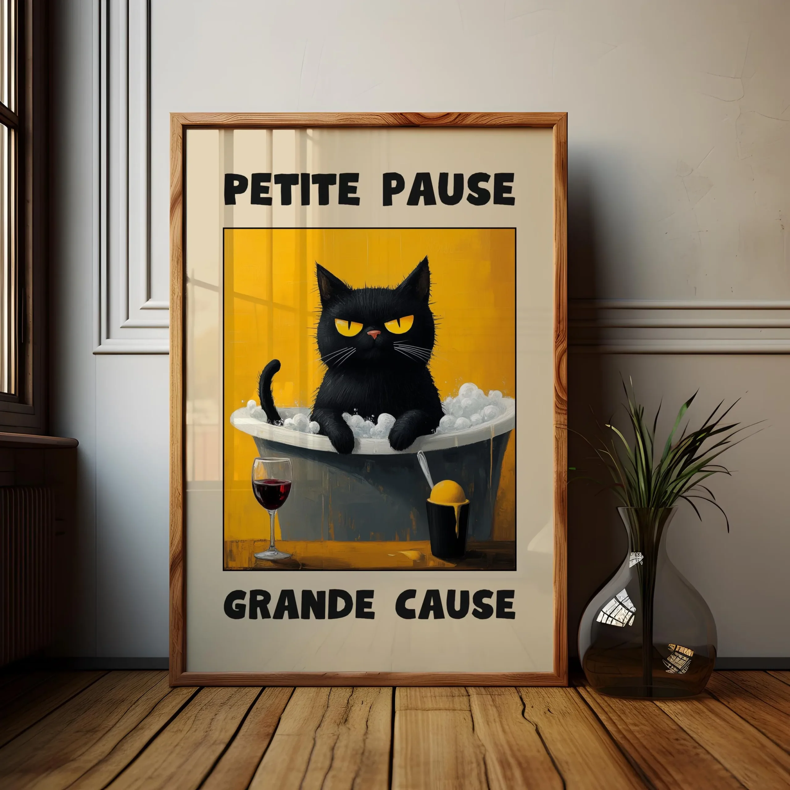 Plakat Bonjour Mon Amour z czarnym kotem Wzór 2