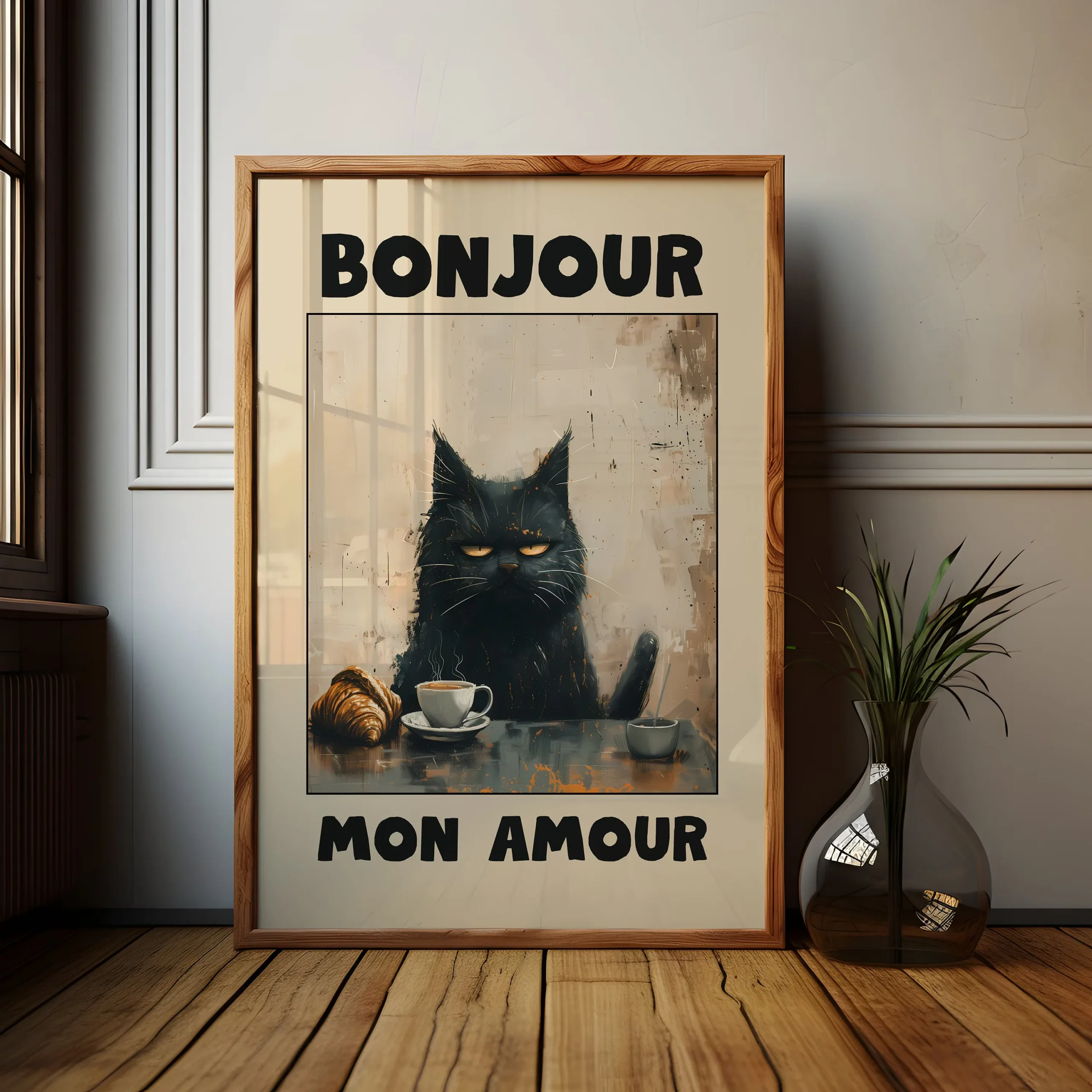 Plakat Bonjour Mon Amour z czarnym kotem Wzór 3