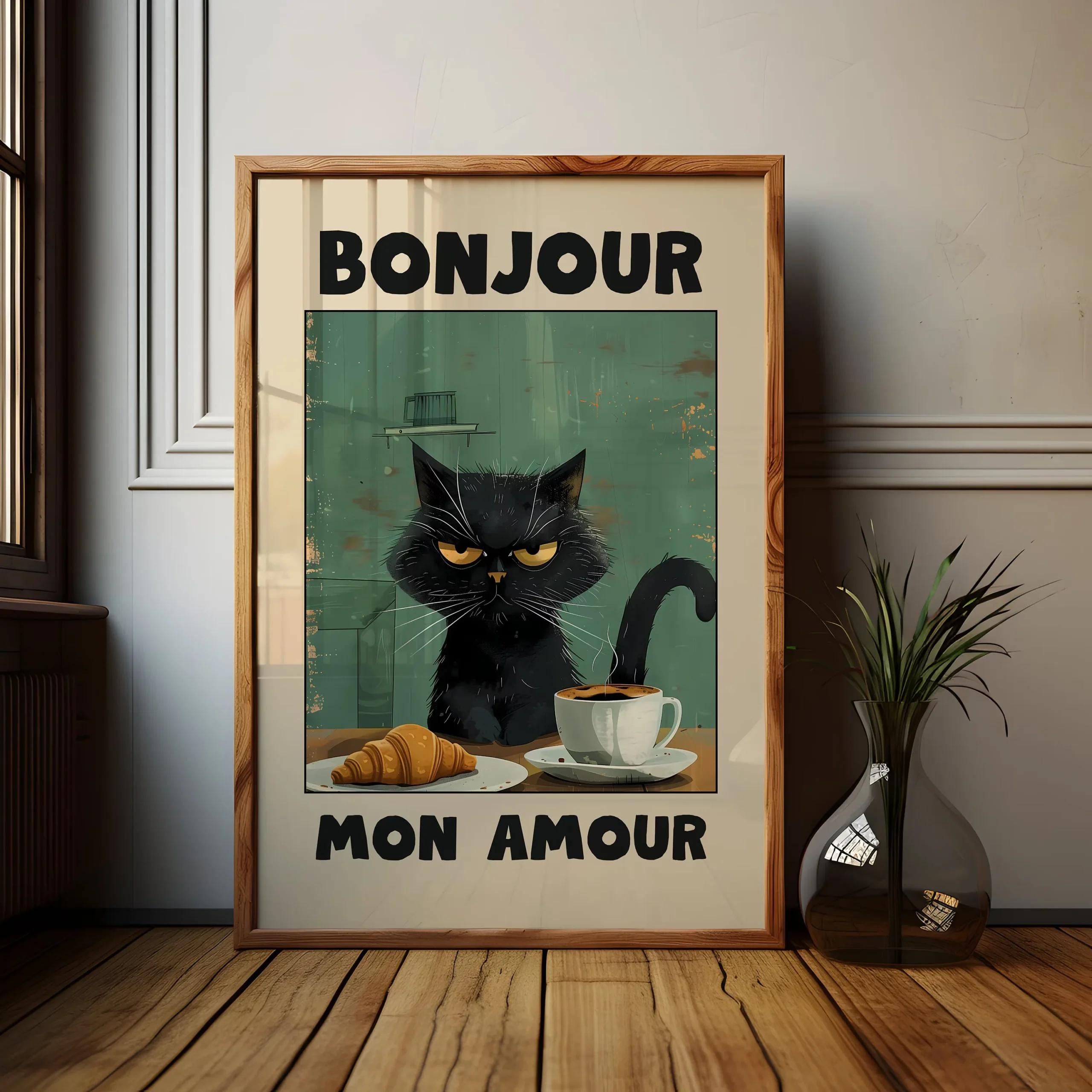 Plakat Bonjour Mon Amour z czarnym kotem Wzór 4