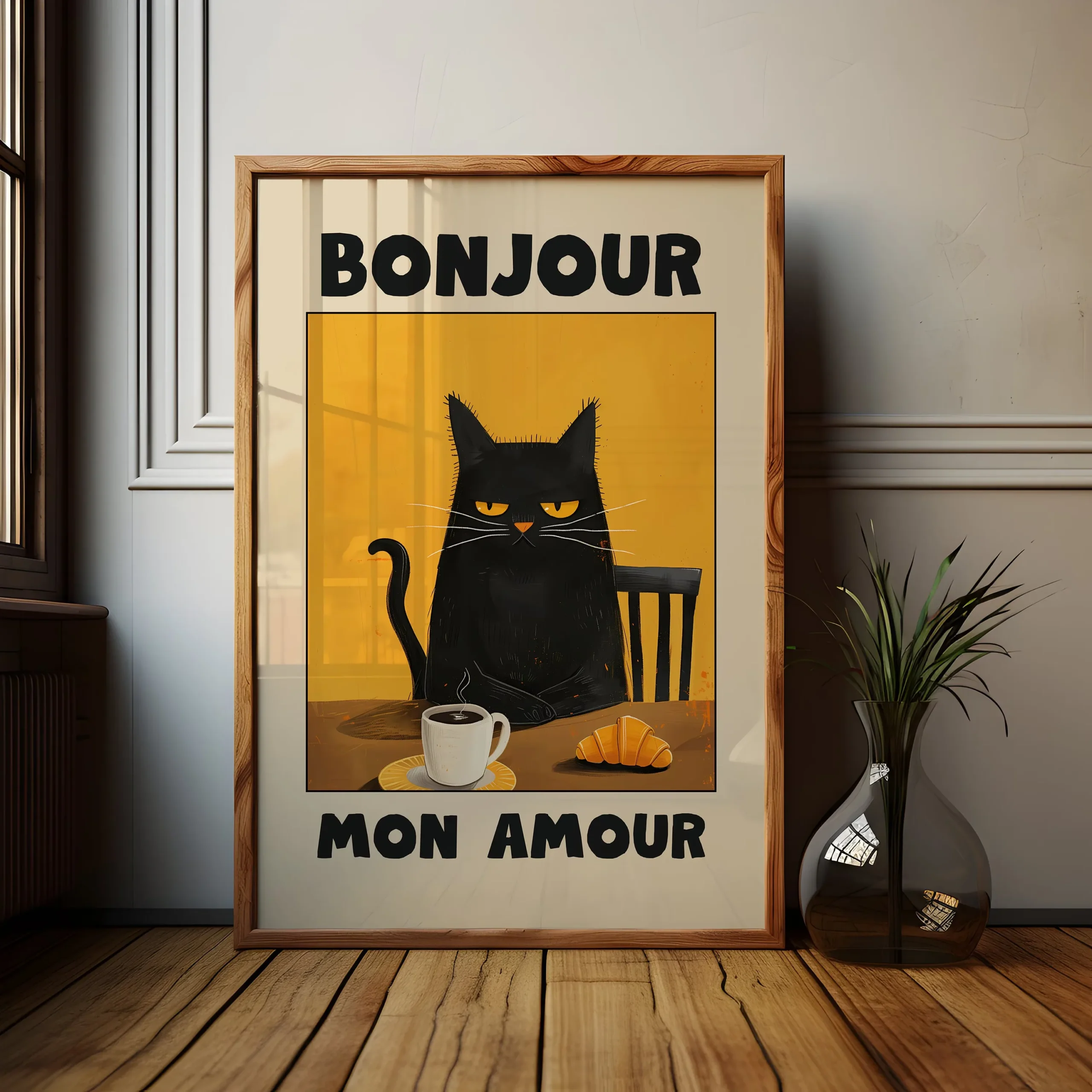 Plakat Bonjour Mon Amour z czarnym kotem Wzór 5