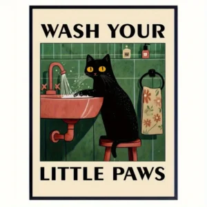 Czarny kot - plakat do łazienki Wash Your Paws Biały