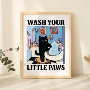 Plakat czarny kot do łazienki – Wash Your Paws Wzór 1