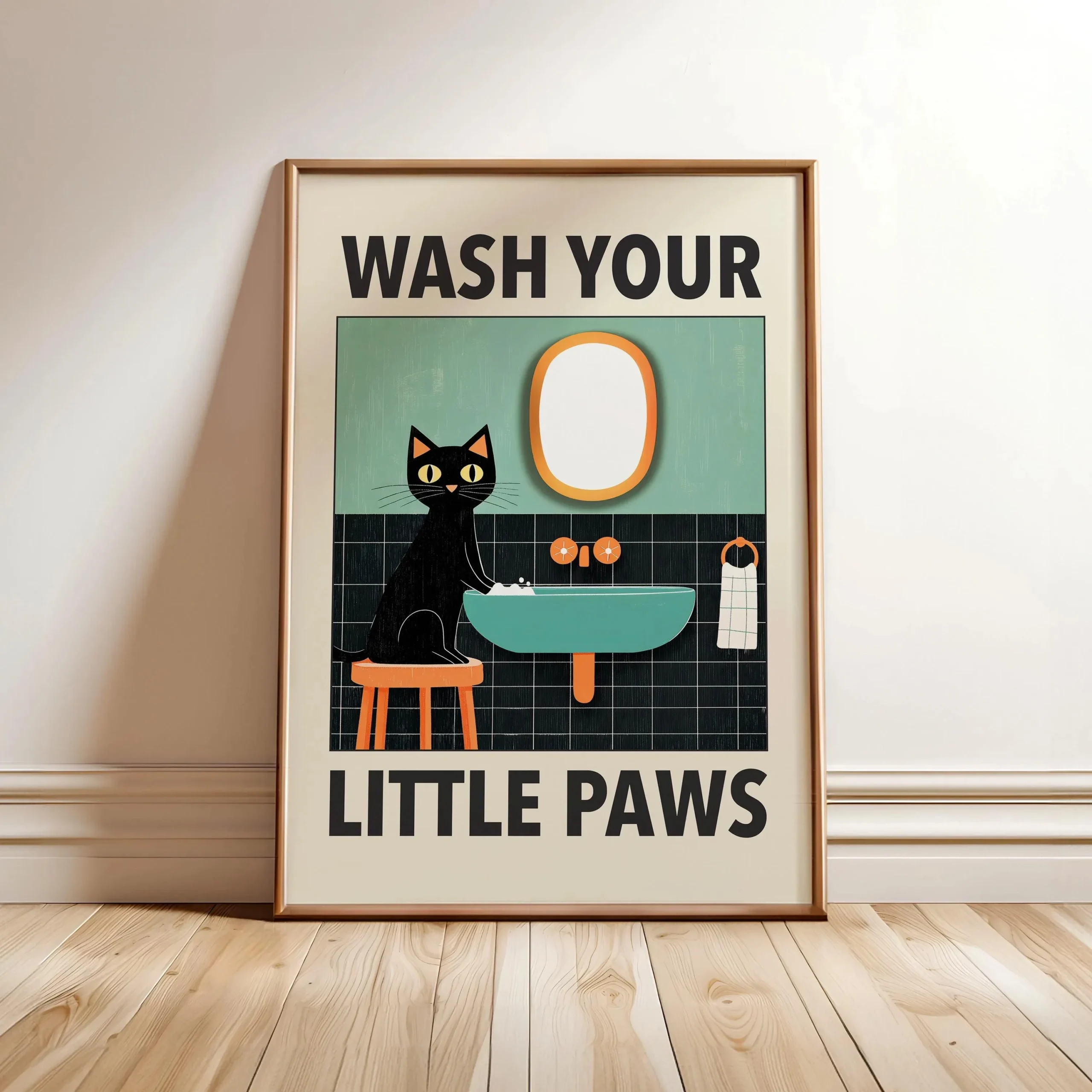 Plakat Czarny Kot do lazienki - Zmyj Lapy Wzór 4