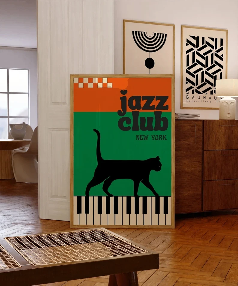 Plakat czarny kot przy fortepianie Wzór 7
