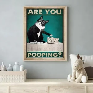 Plakat retro z czarnym kotem czytającym gazetę Biały