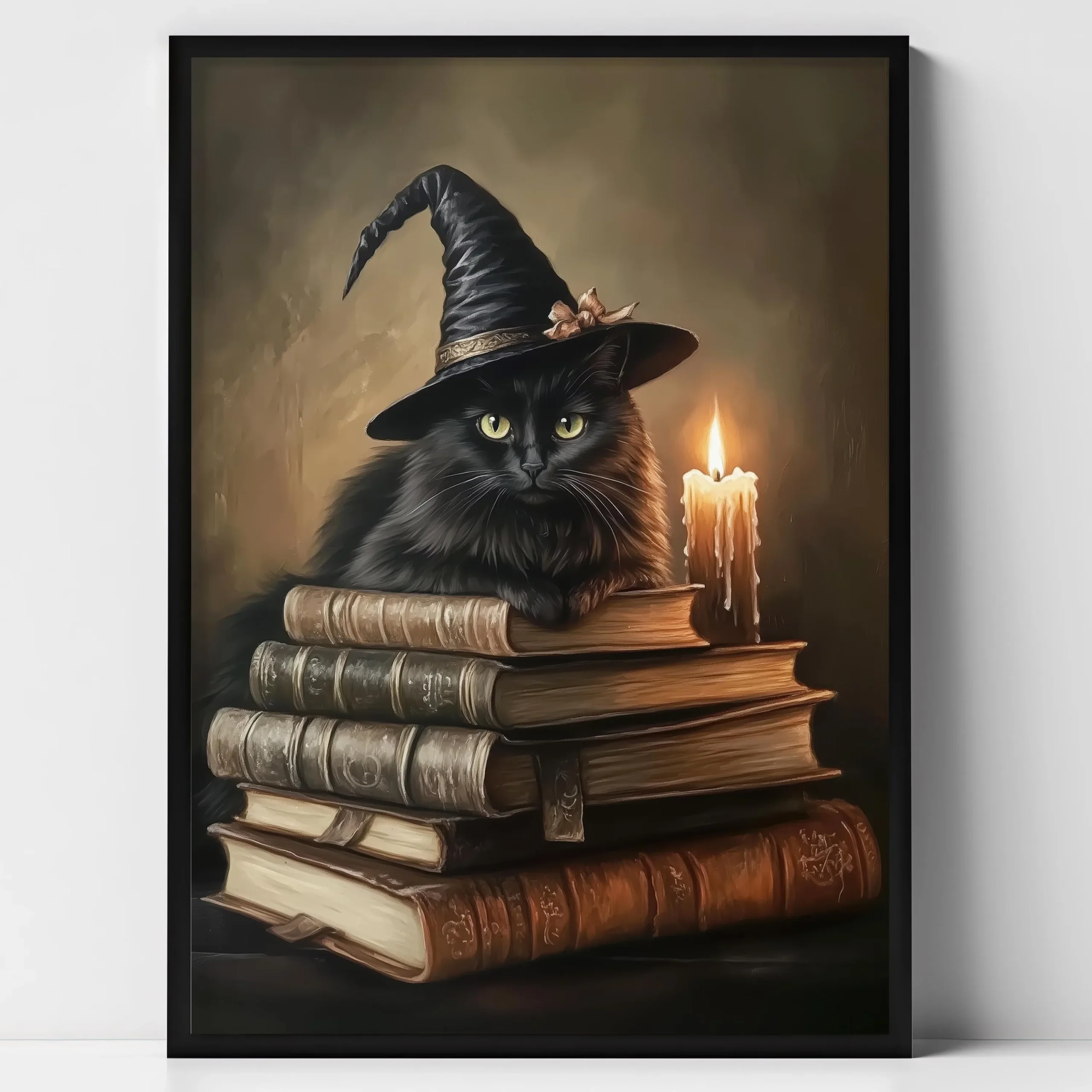 Czarny kot na miotle - plakat Halloween Biały
