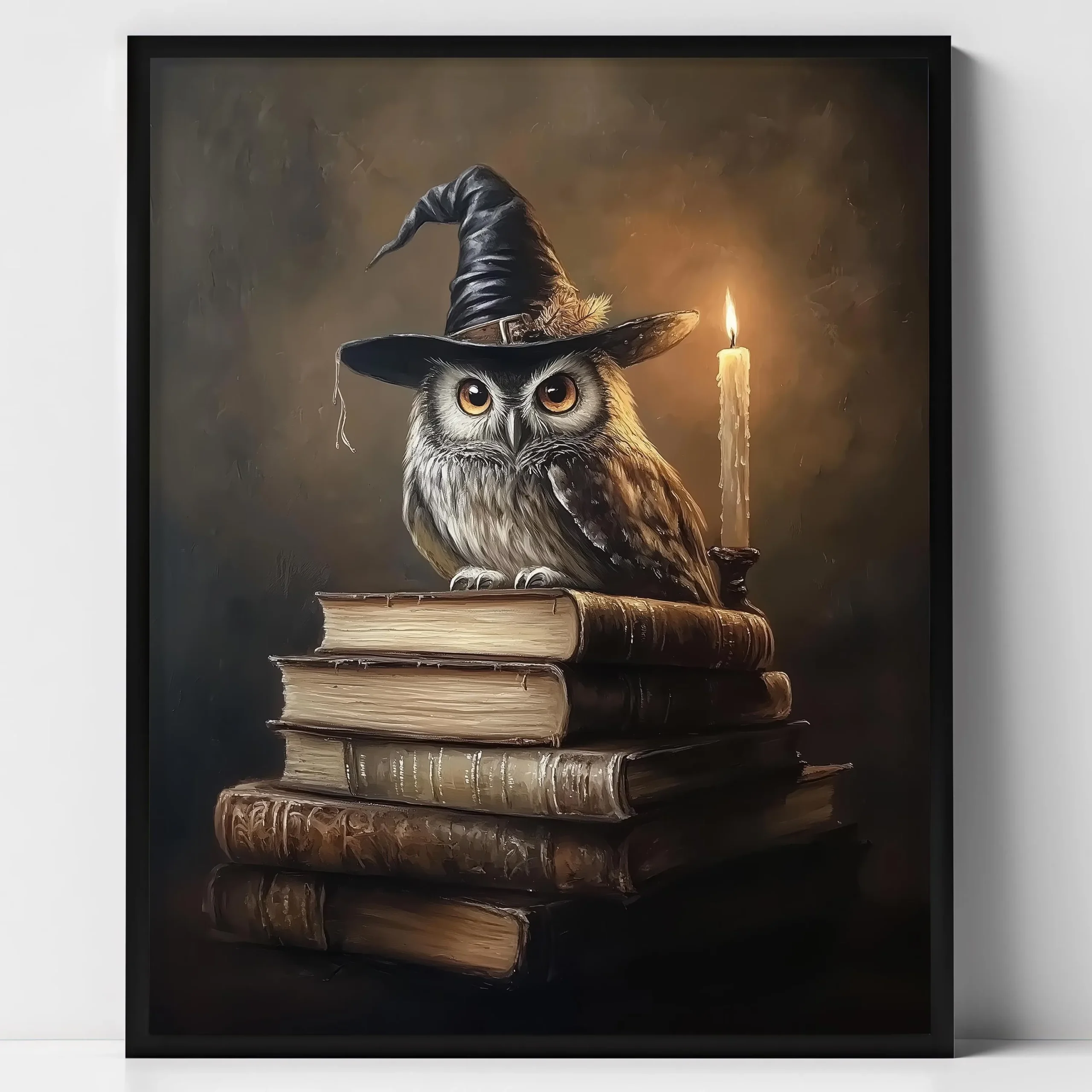 Czarny kot na miotle - plakat Halloween Burgundia