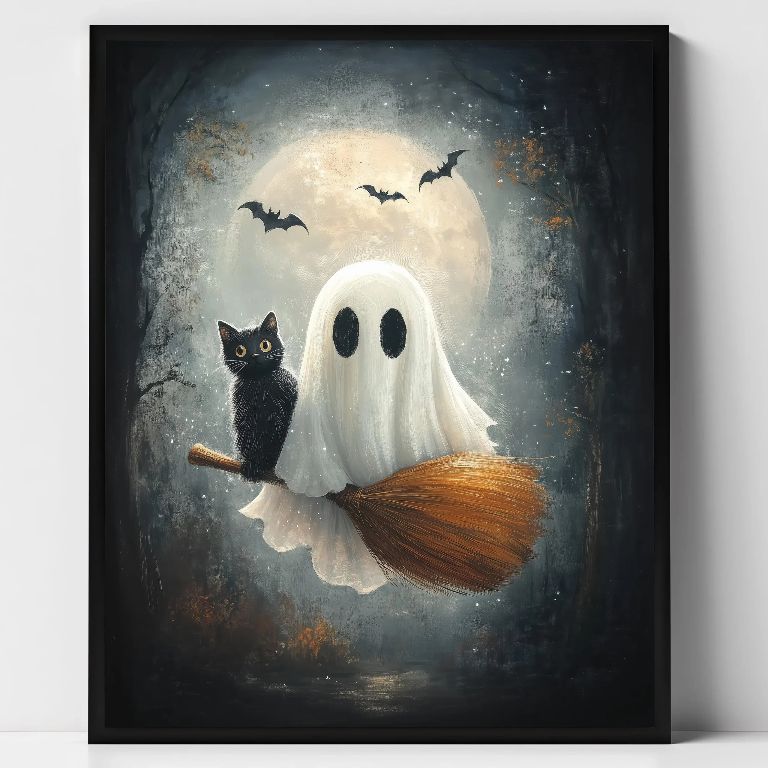 Czarny kot na miotle - plakat Halloween Czarny