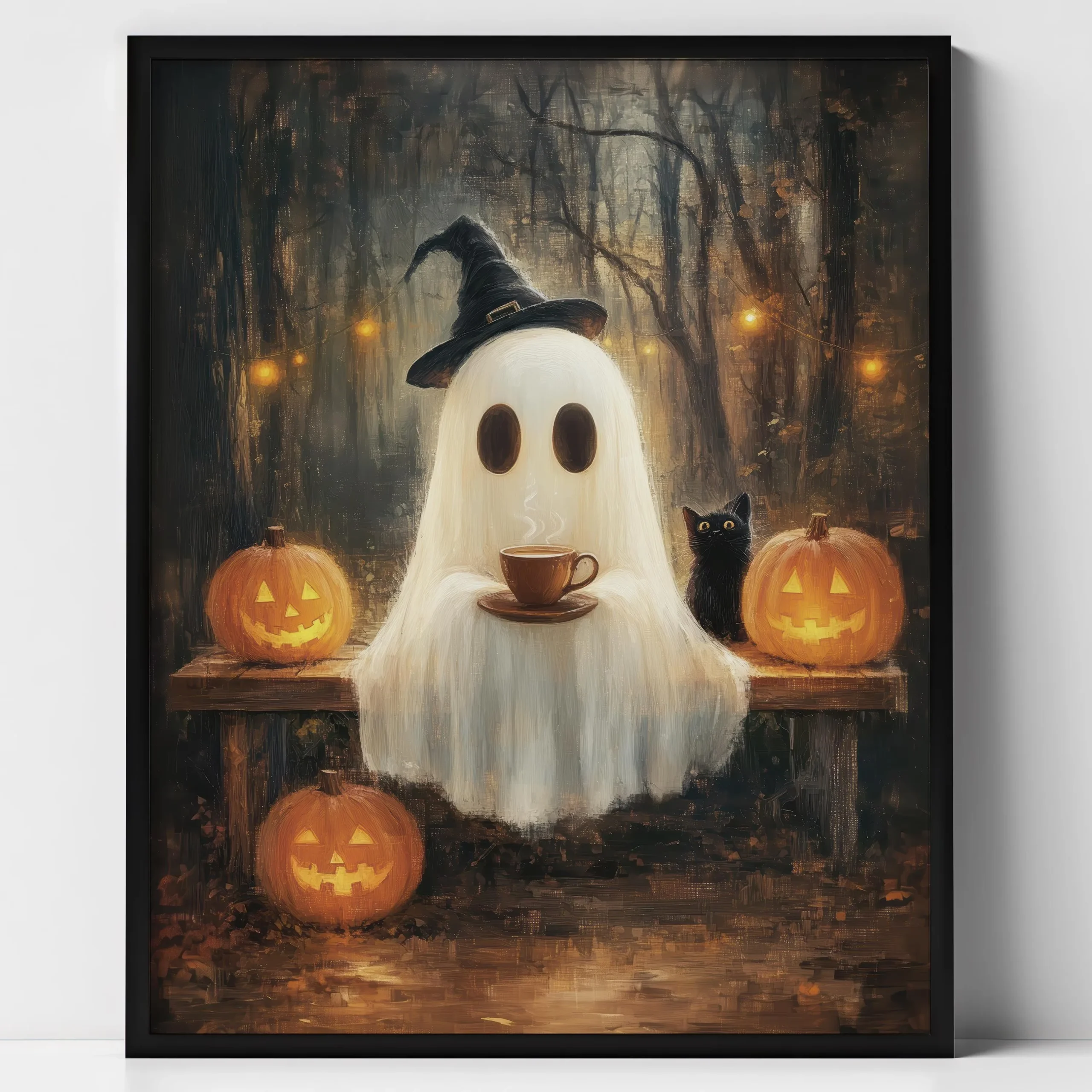 Czarny kot na miotle - plakat Halloween Czerwony