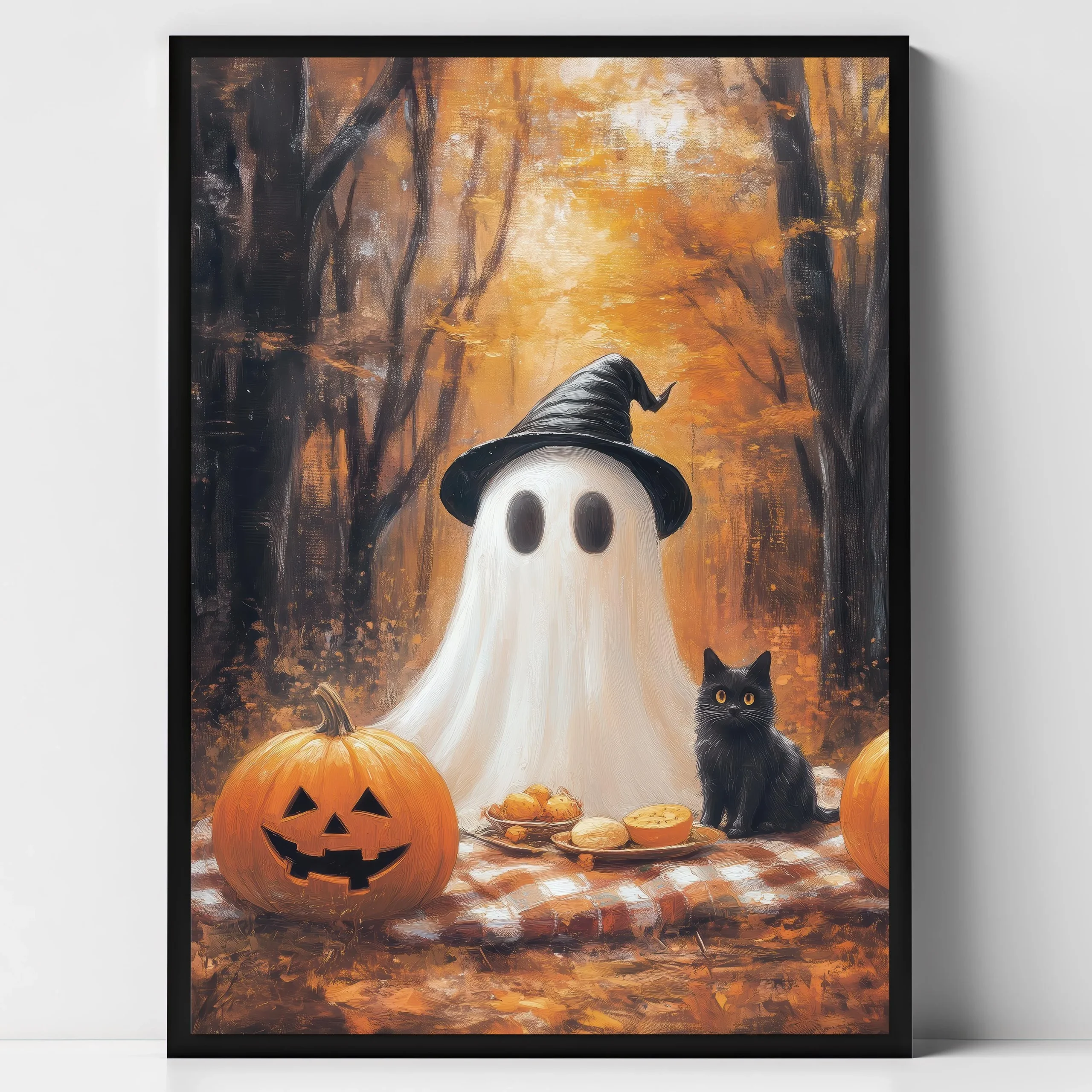Czarny kot na miotle - plakat Halloween Granatowy