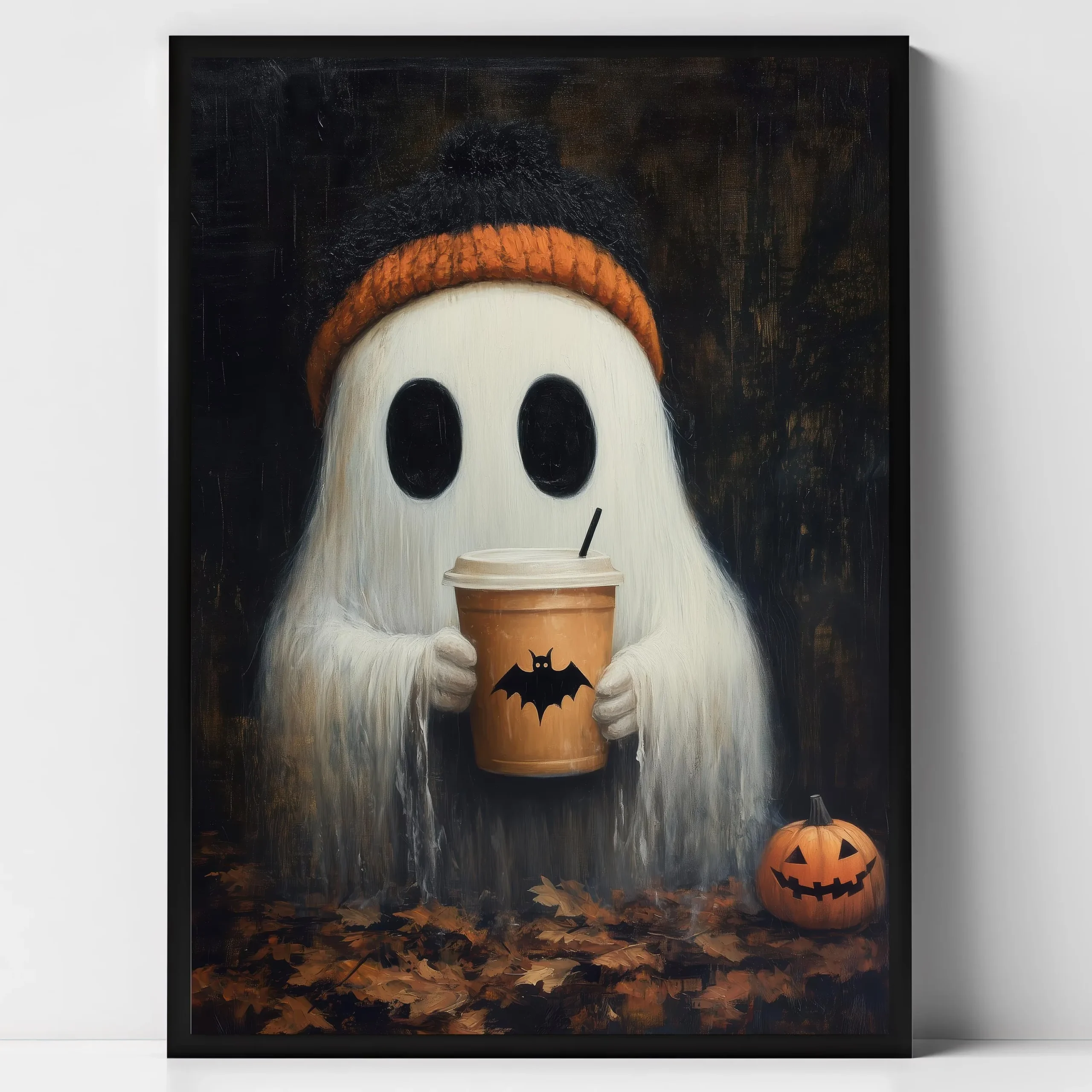 Czarny kot na miotle - plakat Halloween Jasnoszary