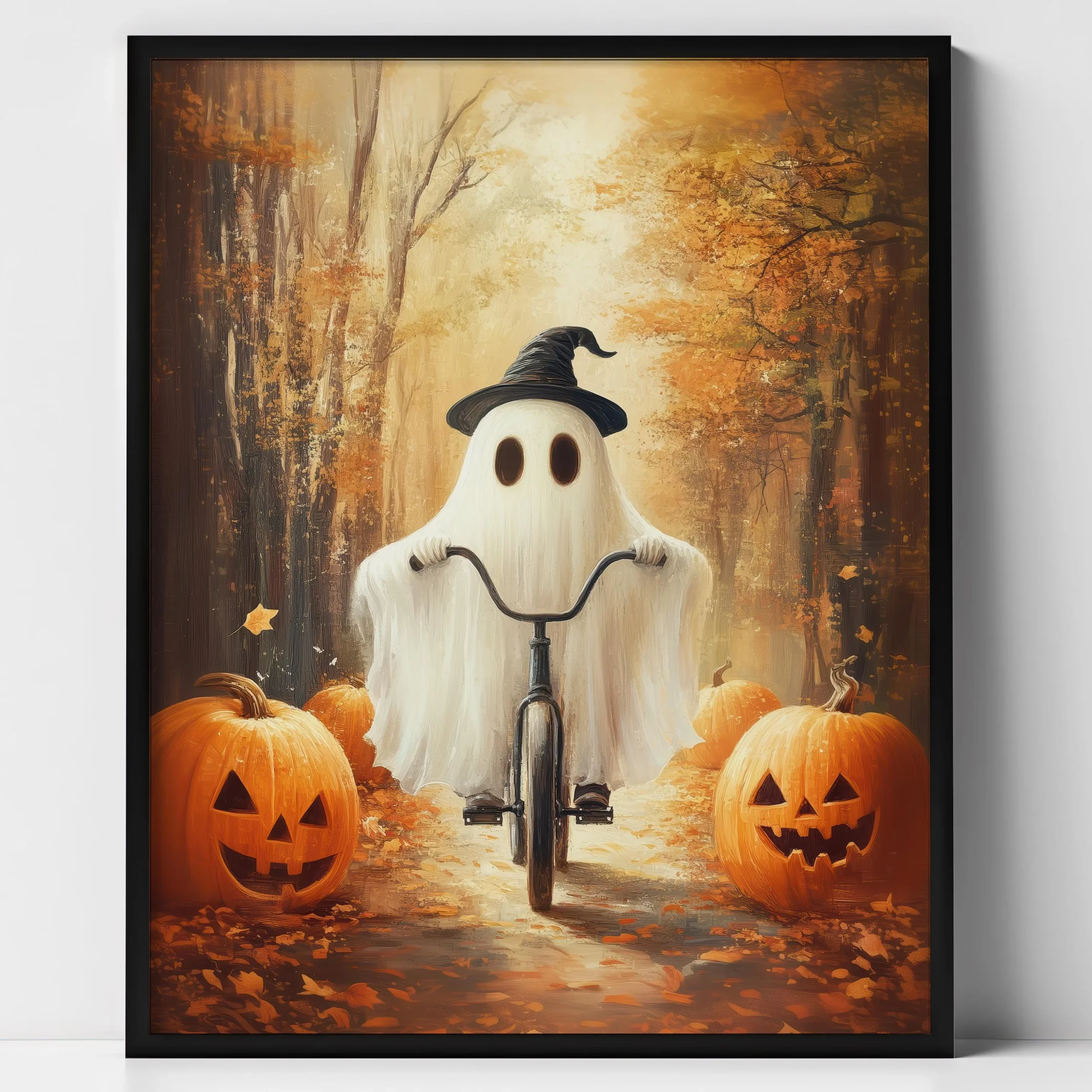 Czarny kot na miotle - plakat Halloween Jasnożółty
