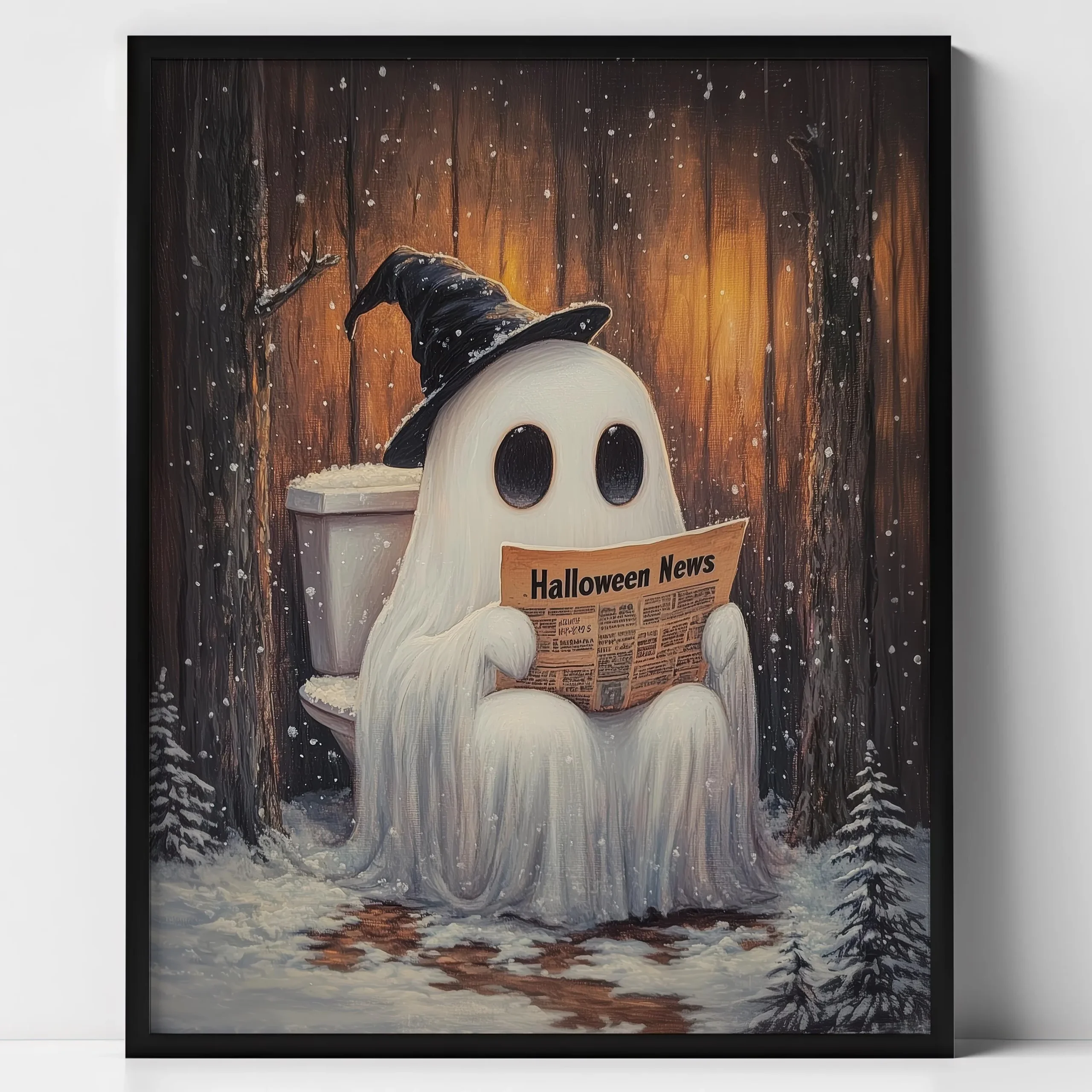 Czarny kot na miotle - plakat Halloween Niebieski