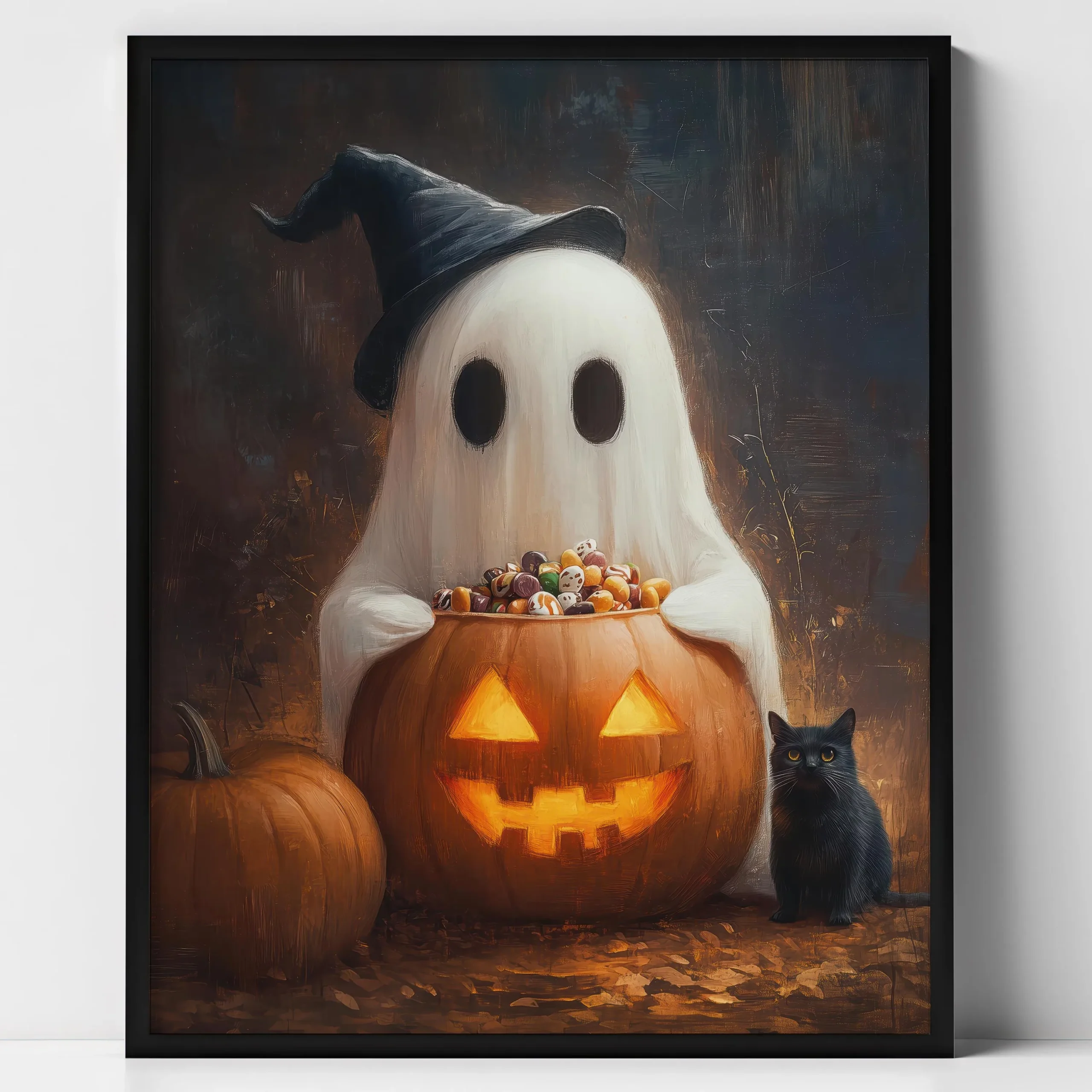 Czarny kot na miotle - plakat Halloween Zielony