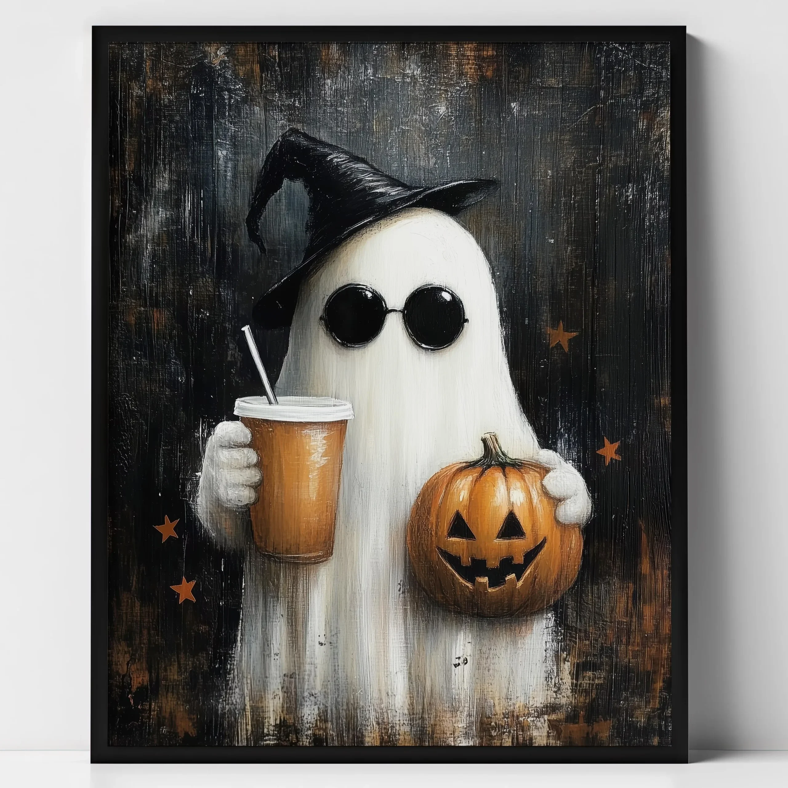 Czarny kot na miotle - plakat Halloween żółty
