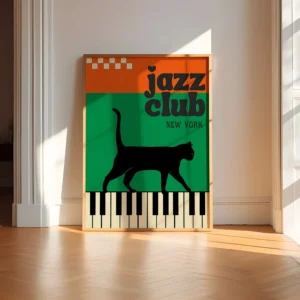 Retro plakat z czarnym kotem i muzyką jazzową Wzór 1