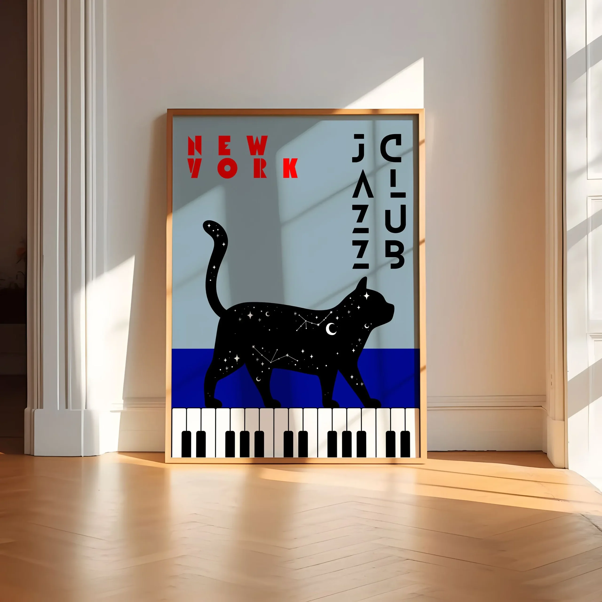 Retro plakat z czarnym kotem i muzyką jazzową Wzór 3