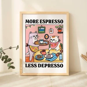 Plakat czarny kot More Espresso Less Depresso Wzór 1
