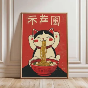 Plakat z czarnym kotem i ramenem - kawaii śliwka