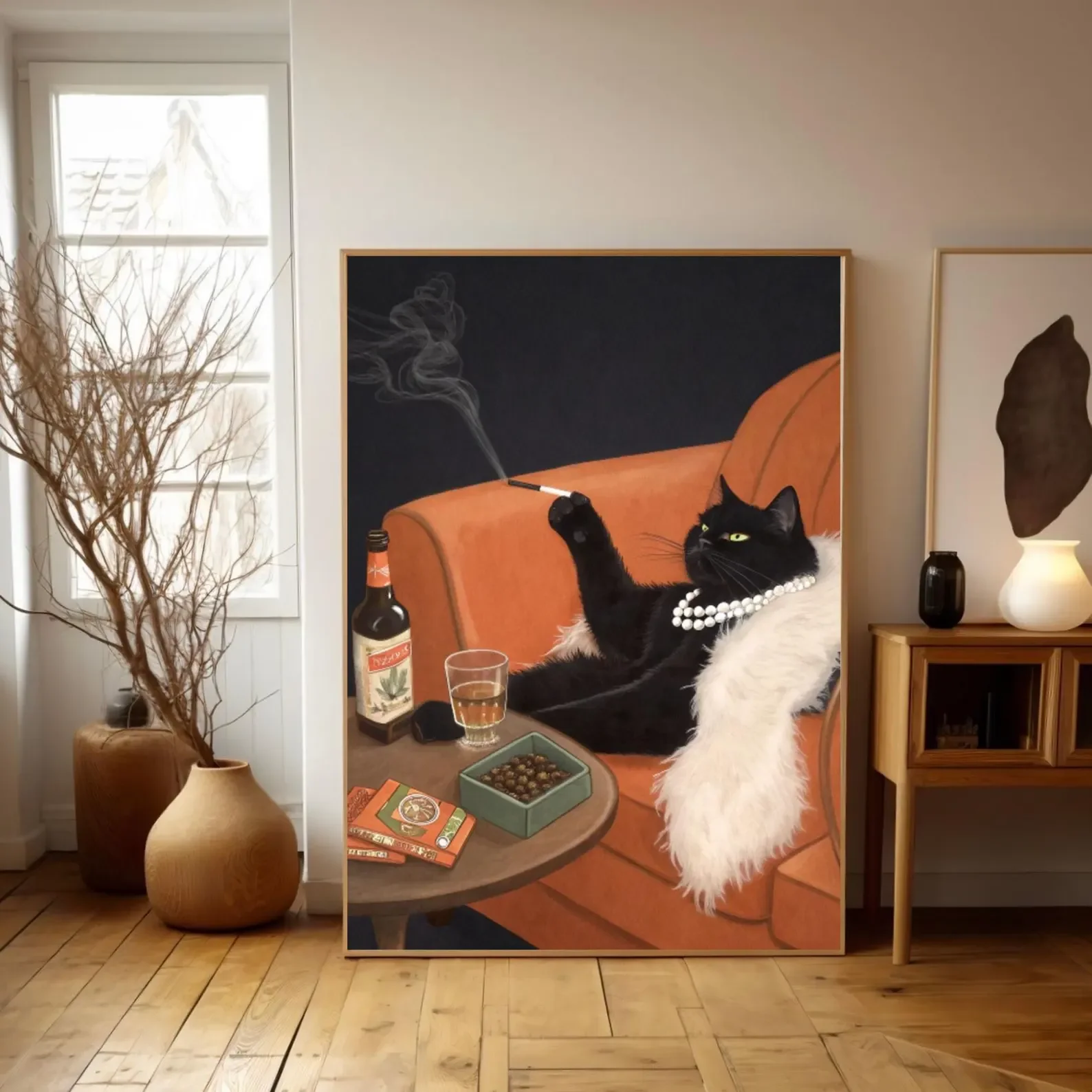 Czarny kot palący papierosa - plakat retro Wzór 2