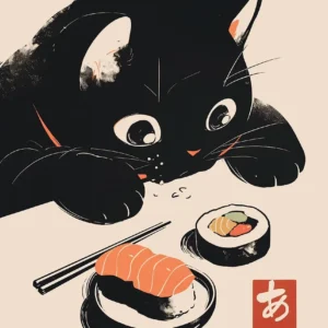 Plakat z czarnym kotem - sushi master, vintage Biały