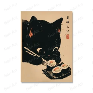 Plakat czarny kot sushi - vintage do kuchni Biały