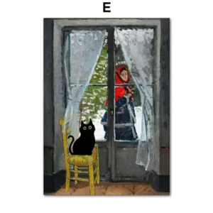 Plakat z czarnym kotem w stylu znanych malarzy Jasnoszary