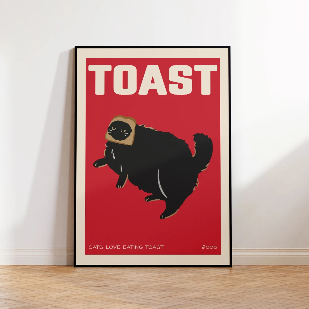 Plakat z czarnym kotem i tostem do kuchni Wzór 1