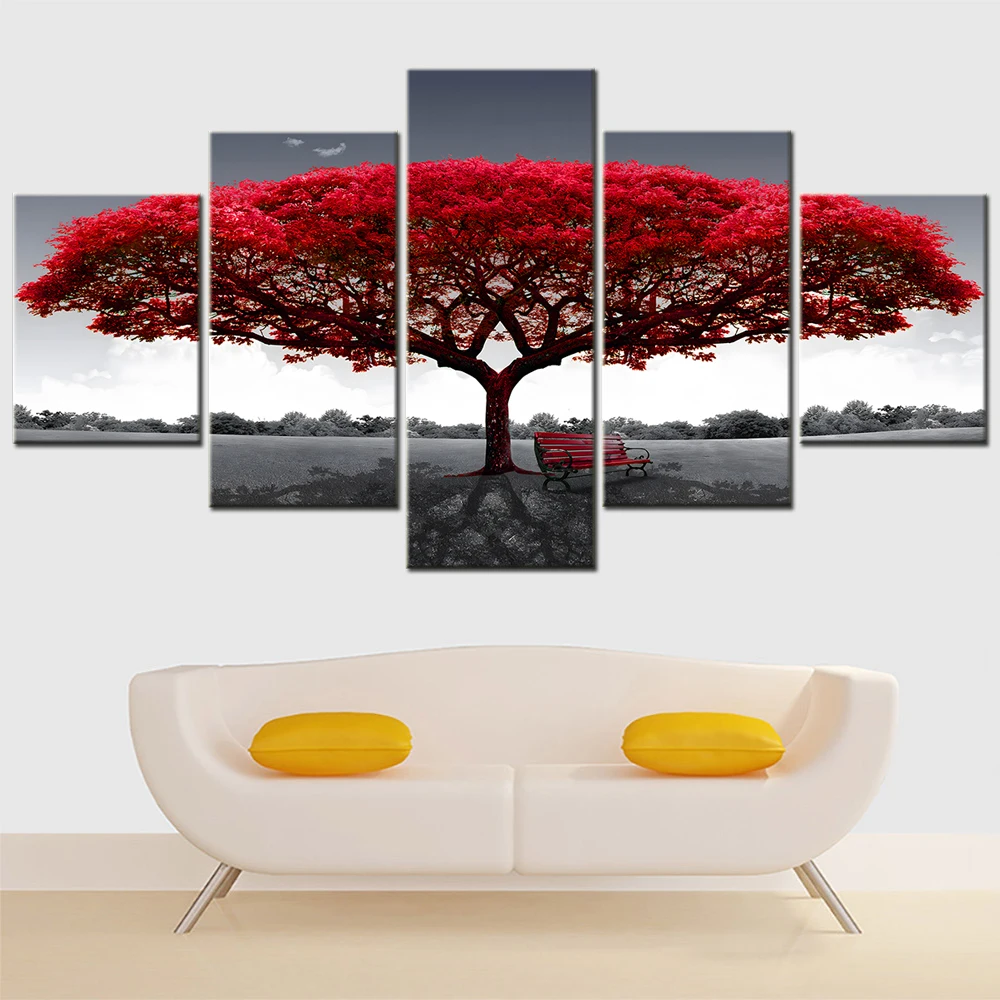 Plakat Czerwone Drzewo o Zachodzie Słońca With wooden framed