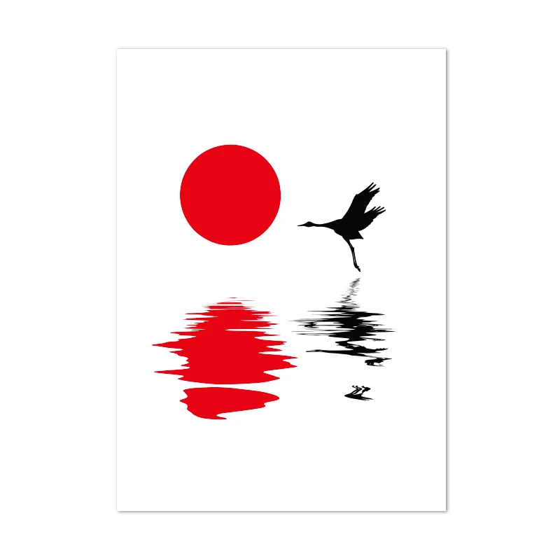 Plakat czerwony żuraw inspirowany Hokusai Burgundia