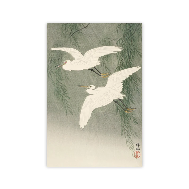 Plakat czerwony żuraw inspirowany Hokusai Jasnoszary