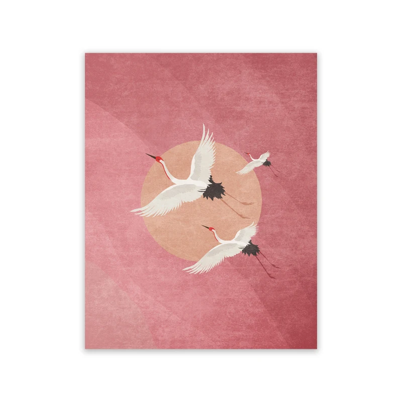 Plakat czerwony żuraw inspirowany Hokusai żółty