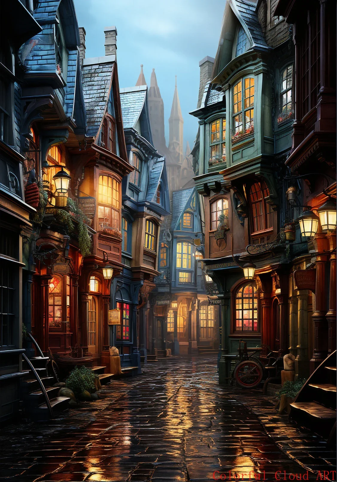 Plakat dark academia - magiczny zamek i pociąg Wzór 3