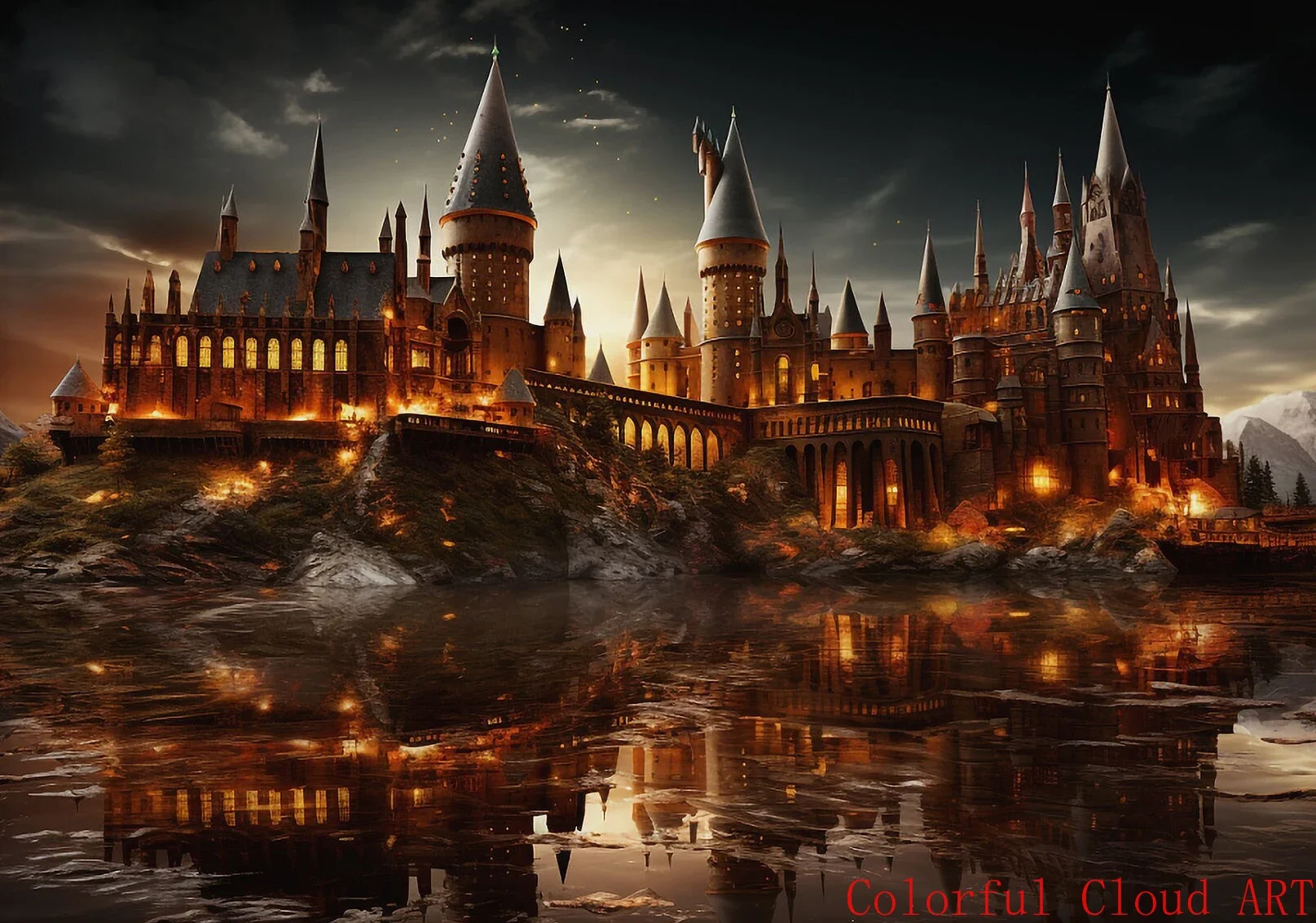 Plakat dark academia - magiczny zamek i pociąg Wzór 7